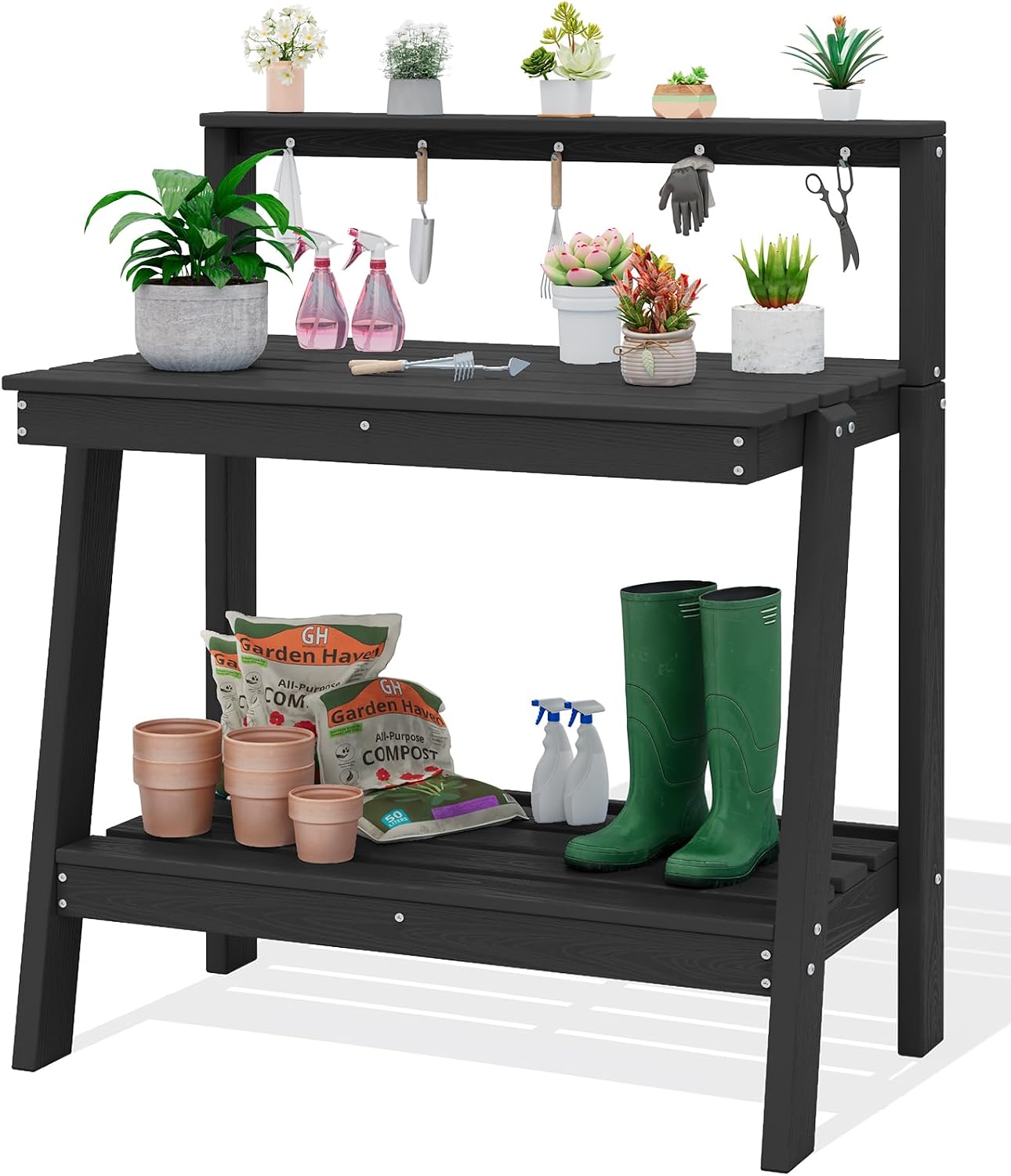 Gardening Tools Uses - 3段式屋外ガーデニング用作業台、収納付き、防水HDPE構造、広々とした作業面、傾斜のある脚とツールフック、裏庭の庭園用、黒色