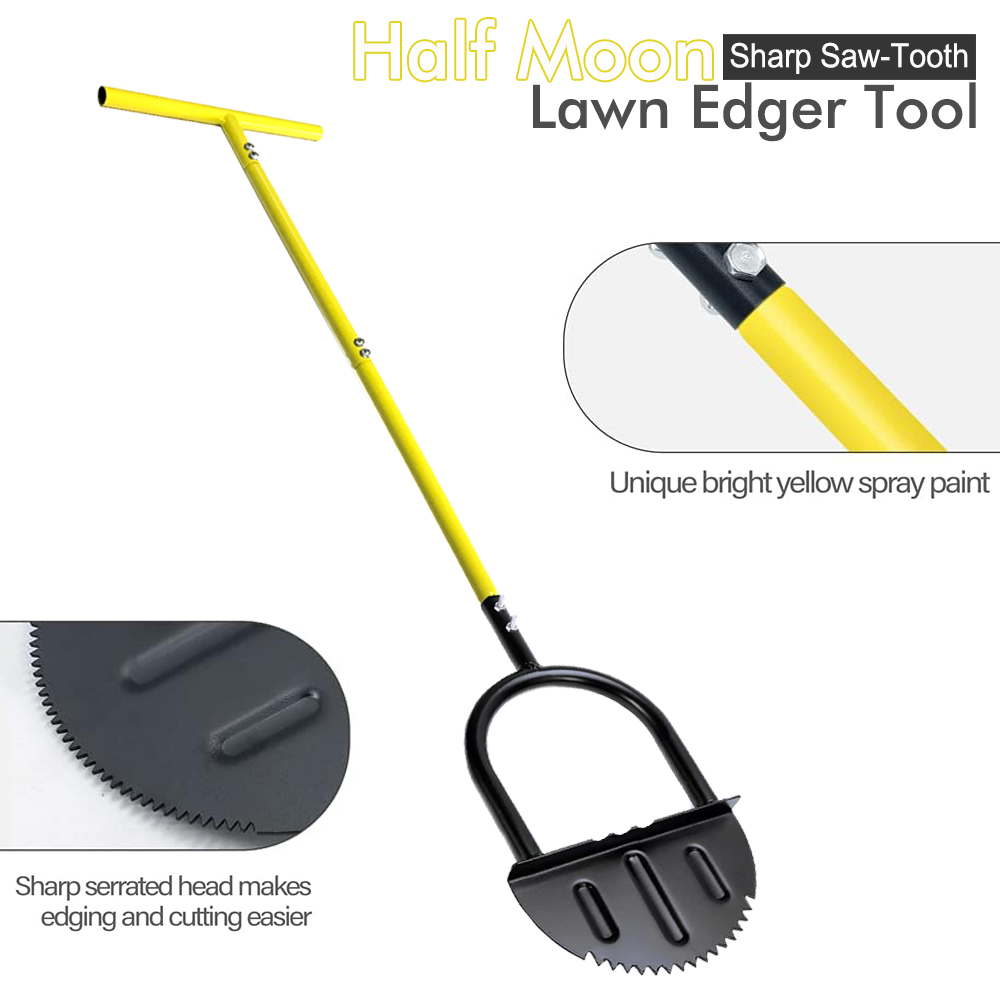 Gardening Tools Grass Cutter - ハーフムーン芝生エッジャー（ロングハンドル付き）– カーボンスチール製手動エッジングツール（庭の芝生トリミング用）、T字型グラスボーダーカッター